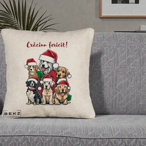 Perna Decorativa Caini cu Bonete Craciun Fericit, 40x40 cm, Bej Canapea, Husa Detasabila, Perna Inclusa, BEKZ®