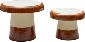 Set 2 măsuțe de cafea rotunde din metal, maro și crem, în formă de ciupercă, finisaj lucios, 46 x 56 cm, „Shiitake”