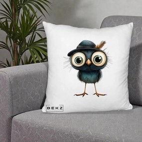 Perna Decorativa Pui Misterios cu Palarie Neagra, 40x40 cm, Alb Pufos, Husa Detasabila, Perna Inclusa, BEKZ®