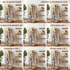 HOMCOM Suport de haine 4 în 1 pe roți din lemn de bambus, 47x33.7x105.5 cm | Aosom Romania