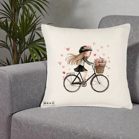 Perna Decorativa Fetita Kawaii pe Bicicleta cu Trandafiri si Inimioare, 40x40 cm, Crem Reliefat, Husa Detasabila, Perna Inclusa, BEKZ®