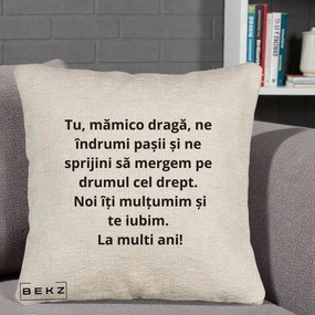 Cadou pentru Mama - Perna Personalizata Mamico Draga Te Iubim La Multi Ani cu Text Negru, 40x40 cm, Bej Canapea, Husa Detasabila, Perna Inclusa, BEKZ®