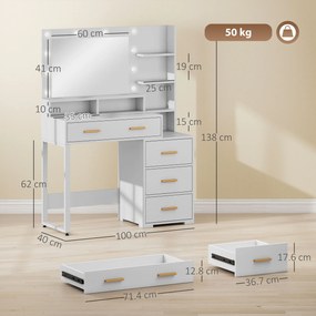 HOMCOM Masă de Machiaj Albă cu Oglindă, 4 Sertare și 6 Rafturi Deschise 100x40x138 cm | Aosom Romania