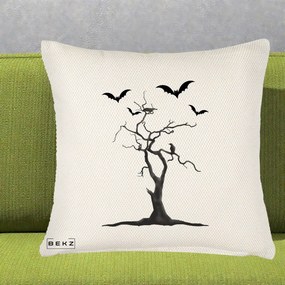 Perna Decorativa Halloween Copac cu Lilieci Alb-Negru, 40x40 cm, Crem Reliefat, Husa Detasabila, Perna Inclusa, BEKZ®
