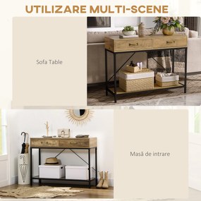 Masă Consolă Vintage HOMCOM din Metal și Lemn, Design Elegant cu 2 Sertare și Raft, Maro, pentru Living, Sufragerie | Aosom Romania