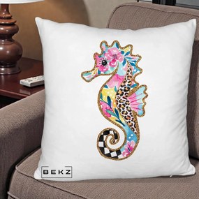 Perna Decorativa Calut de Mare Glitter Tropical, 40x40 cm, Alb Pufos, Husa Detasabila, Perna Inclusa, BEKZ®