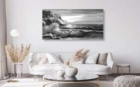Tablou valuri de mare pe coastă în design alb-negru