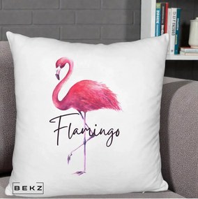 Perna Decorativa Flamingo Acuarela, 40x40 cm, Alb Pufos, Husa Detasabila, Perna Inclusa, BEKZ®