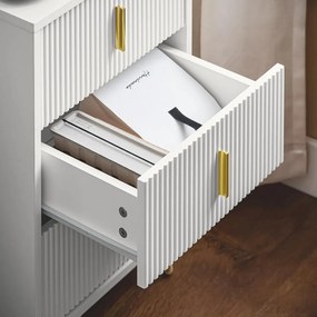 NOA45 - Set 2x Noptiere albe 40x40x63cm, riflaje, cu sau fara Priza, cu 3 sertare, dormitor - Alb-Auriu