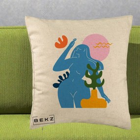 Perna Decorativa Femeie Albastra Cactus, 40x40 cm, Bej, Husa Detasabila, Perna Inclusa, BEKZ®