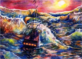Tablou - Navă pe valurile oceanului, aquarelă (70x50 cm)