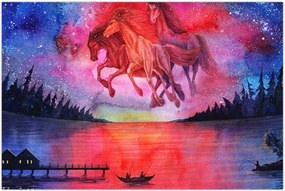 Tablou - Apariția cailor spațiali peste lac, acuarelă (90x60 cm)