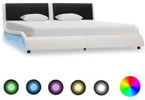Cadru de pat cu LED, alb si negru, 180x200 cm, piele ecologica white and black, 180 x 200 cm