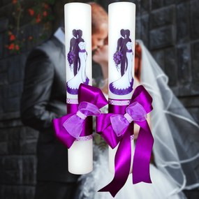 Set 2 Lumanari nunta decorate cu mov W12 4,5 cm, 40 cm