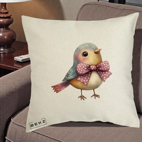 Perna Decorativa Pasare Bleu cu Fundita Roz, 40x40 cm, Ecru, Husa Detasabila, Perna Inclusa, BEKZ®