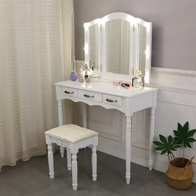 RESIGILAT- Set Scarlet, Masă de toaletă cu 3 oglinzi iluminate LED, control touch, 3 sertare, scaun, Alb