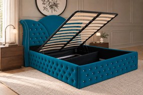 Pat tapițat Chesterfield din catifea Velora Deluxe 140×200 cm, turcoaz, cu ladă de depozitare