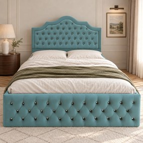 Pat tapițat Chesterfield din catifea Imperio Deluxe 180×200 cm, verde marin, cu ladă de depozitare