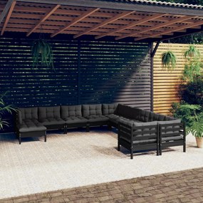 3097059 vidaXL Set mobilier grădină cu perne, 11 piese, negru, lemn de pin