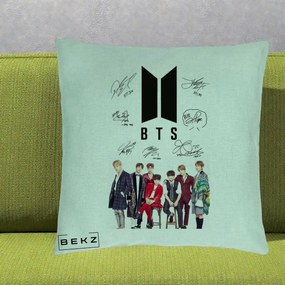 Perna Personalizata K-pop BTS Semnaturi Foto, 40x40 cm, Verde Menta, Husa Detasabila, Perna Inclusa, BEKZ®
