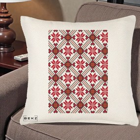 Perna Personalizata Motiv Traditional Ie Romaneasca Rosu, 40x40 cm, Crem Reliefat, Husa Detasabila, Perna Inclusa, BEKZ®