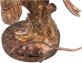 Măsuță laterală sculptată rotundă, auriu, cu bază în formă de papagali pe trunchi și blat din sticlă, finisaj antichizat, 62 x 40 cm, „Cacatoès”