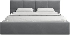 Pat matrimonial gri închis tapițat din catifea cu spațiu de depozitare cu somieră 140x200 cm Hiko – Makamii