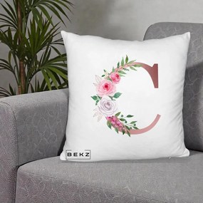 Cadou Personalizat - Perna Personalizata Monograma Rose Gold Litera C, 40x40 cm, Alb Pufos, Husa Detasabila, Perna Inclusa, BEKZ®