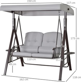 Outsunny leagăn Hollywood 2 locuri pentru grădină cu acoperiș, pernă și tăviță, metal, poliester, gri, 162 x 118 x 173 cm | Aosom Romania