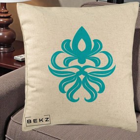 Perna Decorativa Ornament Turcoaz Fleur de Lis, 40x40 cm, Bej, Husa Detasabila, Perna Inclusa, BEKZ®