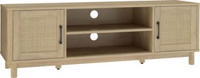 HOMCOM Comodă TV 135 cm, mobilier TV pentru televizor până la 165,1 cm cu 2 uși din ratan, 2 compartimente deschise, stejar | Aosom Romania