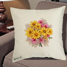 Perna Decorativa Floarea-Soarelui cu Cosmos Roz si Gypsophila, 40x40 cm, Ecru, Husa Detasabila, Perna Inclusa, BEKZ®