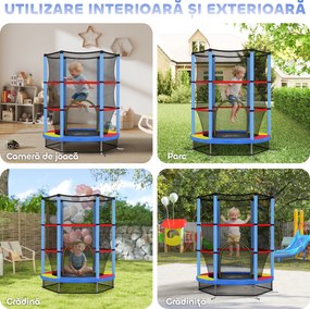 HOMCOM Saltea Elastică pentru Copii 3-6 Ani cu Plasă de Protecție, 6 Stâlpi și 3 Intrări, Ø140x190 cm, Multicolor | Aosom Romania