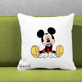 Perna Personalizata Mickey Mouse Relaxat, 40x40 cm, Alba Mata, Husa Detasabila, Perna Inclusa, BEKZ®
