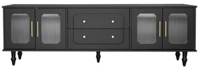 Mobilier TV Retro cu Mânere Aurii, Spațiu Generos de Depozitare, Ușă din Sticlă și Picioare din Lemn Masiv, 175x38x55,5 cm, Negru