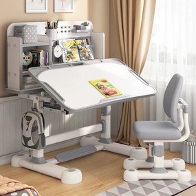 Set birou și scaun pentru copii, reglabile pe înălțime, blat înclinabil 0–50°, organizator cu rafturi, 80 × 60 cm, gri