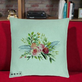 Perna Decorativa Buchet Flori Acuarela Roz-Verde, 40x40 cm, Verde Menta, Husa Detasabila, Perna Inclusa, BEKZ®