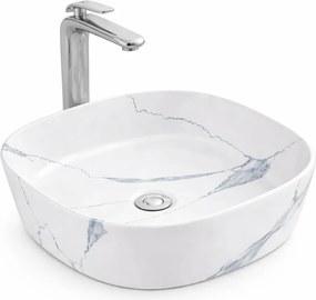BERGAMO-M SLIM || Lavoar montat pe blat, ceramică, alb, cu model marmură, rotunjit