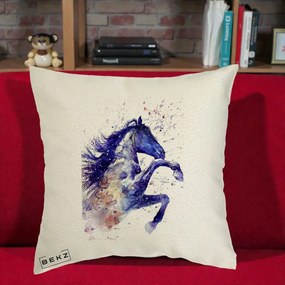 Perna Decorativa Cal Albastru Acuarela, 40x40 cm, Ecru, Husa Detasabila, Perna Inclusa, BEKZ®