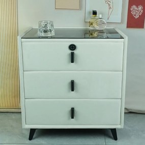 Noptieră inteligentă multifuncțională, 3 sertare, blocare cu amprentă, LED-uri tactile, 3 tipuri de culoare, încărcare fără fir, Difuzor Bluetooth, incarcare USB, sticla securizata, catifea, Bej