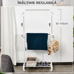 HOMCOM Suport de Haine din Oțel Inoxidabil, Reglabil pe Înălțime cu Bază de Depozitare și 4 Roți, 68,5x42x87-145 cm, Alb și Argintiu | Aosom Romania