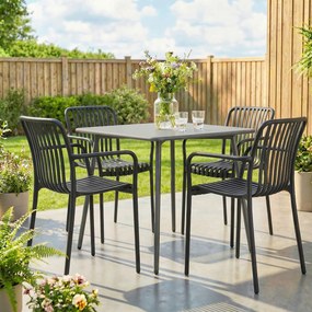 Set 4 Scaune de Grădină Outsunny Stivuibile din PP Rezistent la Razele UV, Scaune de Luat Masa pentru Exterior cu Spătar Ergonomic cu Lamele și Brațe, pentru Terasă, Balcon, Grădină, 55x58,5x81,5 cm, Negru | Aosom Romania