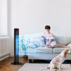HOMCOM Ventilator Turn cu 4 Moduri și 3 Viteze cu Cronometru 12h, Ventilator de Podea ABS cu Telecomandă, 31,5x31,5x96 cm, Negru | Aosom Romania