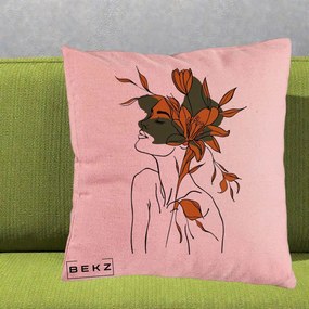 Perna Decorativa Portret Feminin Crin Auriu, 40x40 cm, Roz, Husa Detasabila, Perna Inclusa, BEKZ®