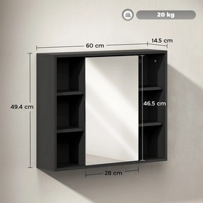 HOMCOM Dulap cu Oglindă pentru Baie, 3 Rafturi Laterale, Raft Reglabil, MDF și PAL, 60x14,5x49,4 cm, Negru și Lemn Natur | Aosom Romania