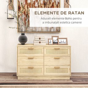 HOMCOM cu 6 sertare în stil Boho pentru dormitor și hol, din lemn și rattan, 110x40x69 cm, Stejar | Aosom Romania
