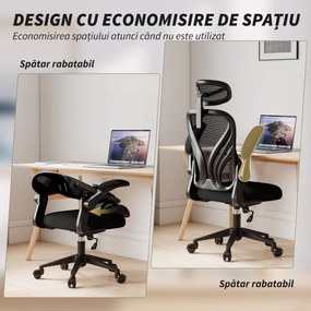 HOMCOM Scaun de Birou Ergonomic cu Brațe Rabatabile și Spătar Pliabil, Scaun de Birou cu Funcție Balansoar, Tetieră Reglabilă, Șezut Rotativ, Negru | Aosom Romania