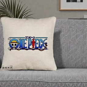 Perna Personalizata One Piece Clasic Albastru, 40x40 cm, Bej Canapea, Husa Detasabila, Perna Inclusa, BEKZ®