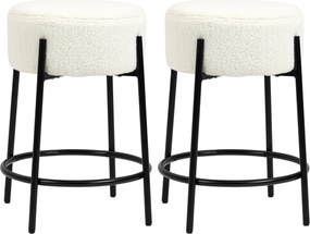 HOMCOM Set de 2 scaune de bar cu suport pentru picioare oțel și tapițerie cu efect de lână bouclée înălțime 62 cm alb și negru | Aosom Romania