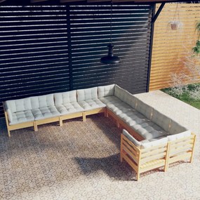3097007 vidaXL Set mobilier grădină cu perne crem, 10 piese, lemn de pin